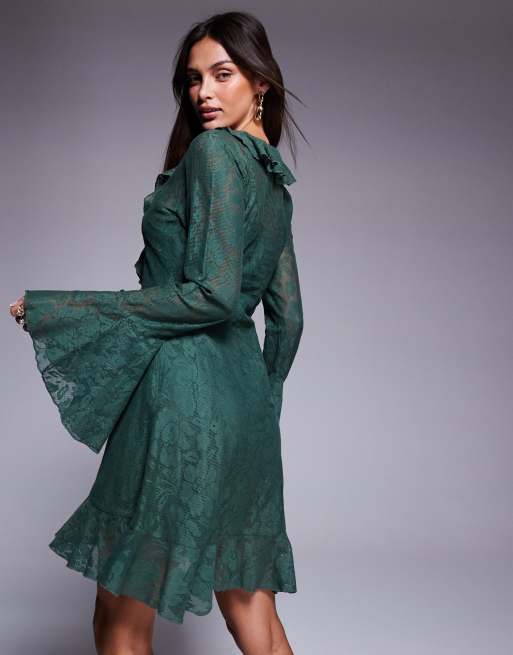 ASOS DESIGN Gehaakte kanten mini jurk met lange mouwen, ruches
