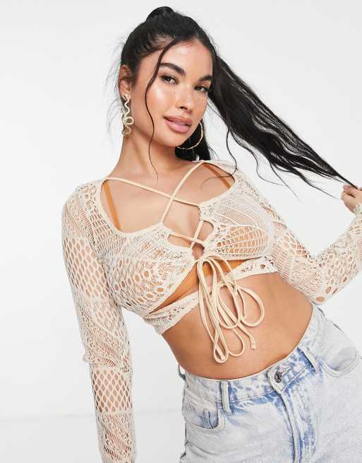 ASOS DESIGN - Gehaakte kanten top met ruches in stone