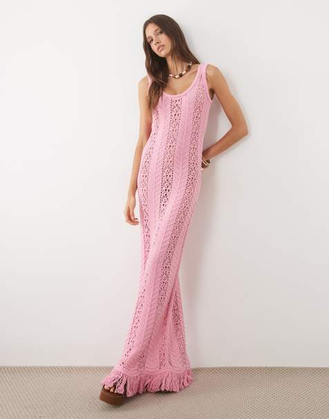 ASOS DESIGN gehaakte maxi jurk met franje in roze - view 1