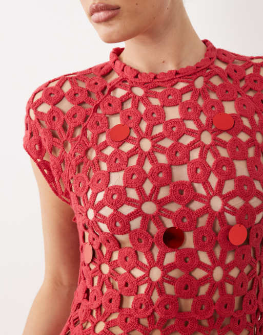 ASOS DESIGN - Gehaakte maxi jurk met open achterkant en lovertjes in rood, 3 van 4