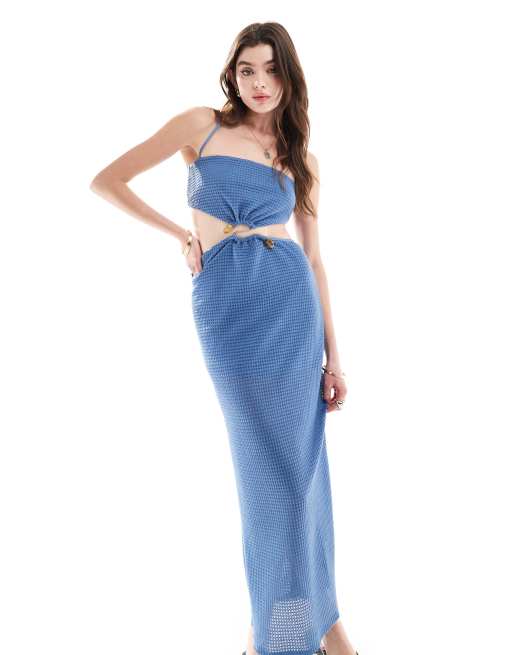ASOS DESIGN - Gehaakte midi bandeau-jurk met kralen en open taille in blauw