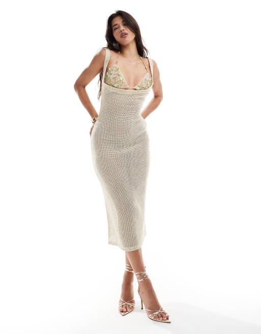 ASOS DESIGN - Gehaakte midi-jurk met versiering en bh met pastelkleurige kwarts in crème