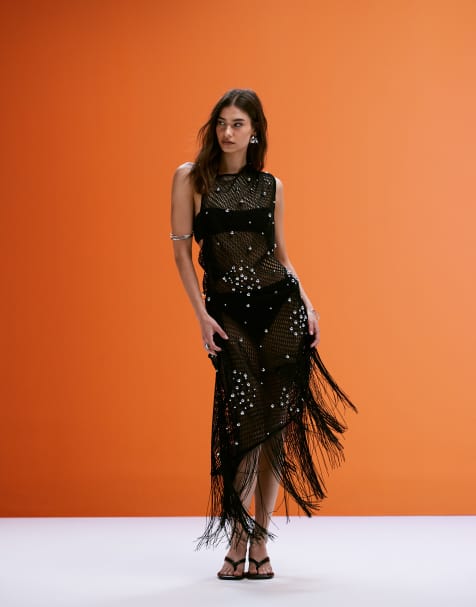 ASOS DESIGN - Gehaakte midi jurk met versiering, franje en zilverkralen in zwart - view 1
