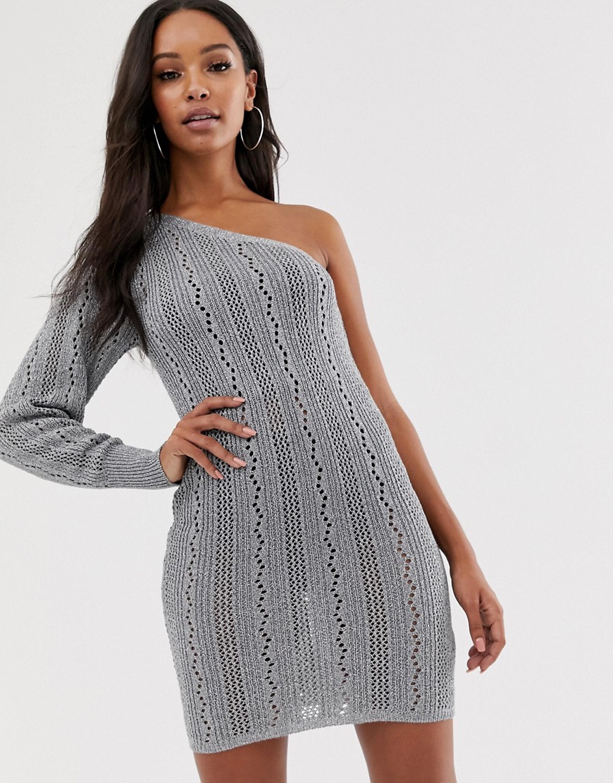 ASOS DESIGN - Gehaakte mini-jurk met één schouder in metallic-Zilver