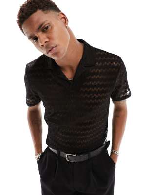 ASOS DESIGN - Gehaakte polo met korte mouwen in zwart