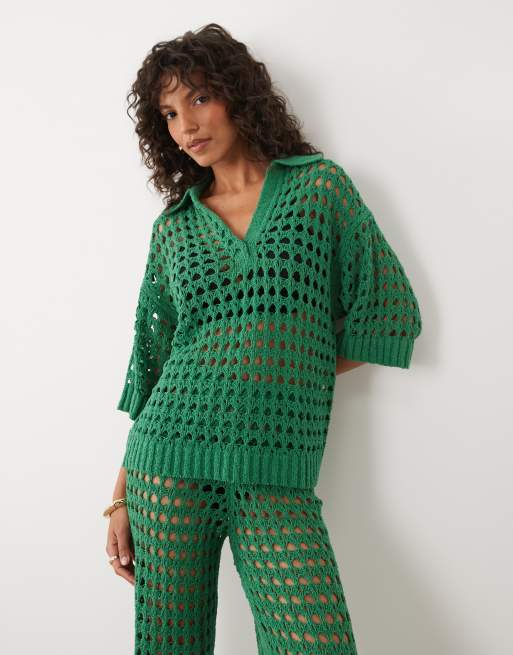 ASOS DESIGN - Co-ord set van top met kraagje en korte mouwen en broek met wijde pijpen in groen, 3 van 3