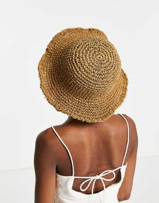 ASOS DESIGN - Gehaakte strohoed met ruches langs de rand en verstelbandje in bruin, 2 van 4