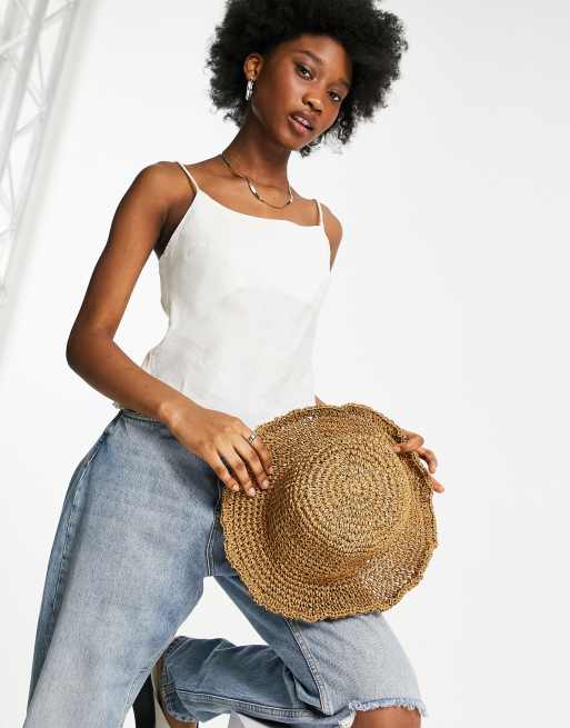 ASOS DESIGN - Gehaakte strohoed met ruches langs de rand en verstelbandje in bruin, 3 van 4