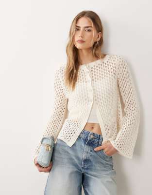 ASOS DESIGN - Gehäkelte Longline-Strickjacke in Ecru-Weiß