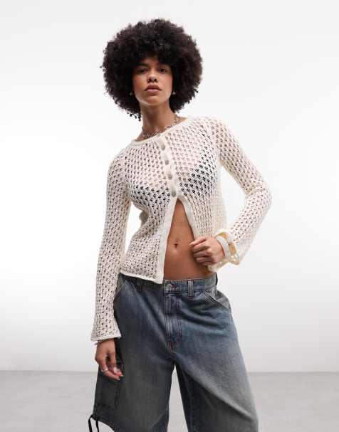 ASOS DESIGN – Gehäkelte Longline-Strickjacke in Ecru - view 1