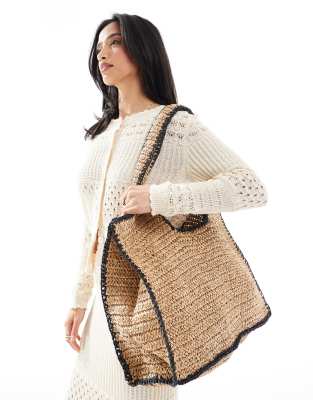 ASOS DESIGN - Gehäkelte Oversize-Tragetasche aus Stroh in Natur mit Kontrastkante-Grün