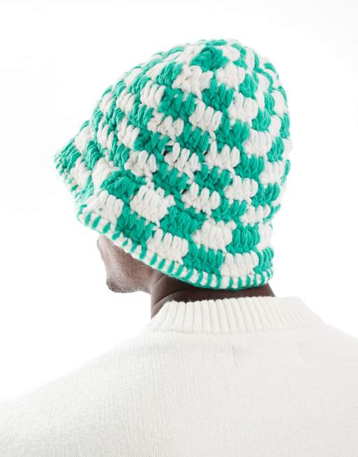 ASOS DESIGN – Gehäkelter Anglerhut mit Schachbrettmuster in Weiß und Grün, 3 von 3
