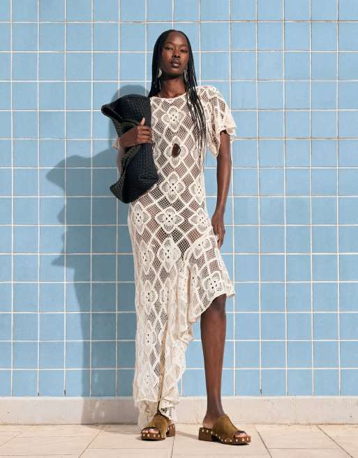 ASOS DESIGN – Gehäkeltes, asymmetrisches Midikleid in Cremeweiß, 5 von 5