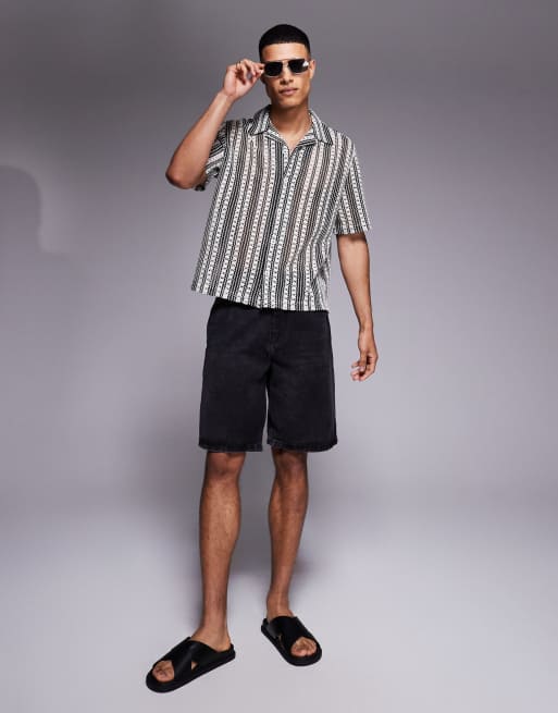 ASOS DESIGN – Gehäkeltes Hemd in Schwarz und Weiß gestreift mit kastigem Schnitt und Reverskragen, 3 von 4
