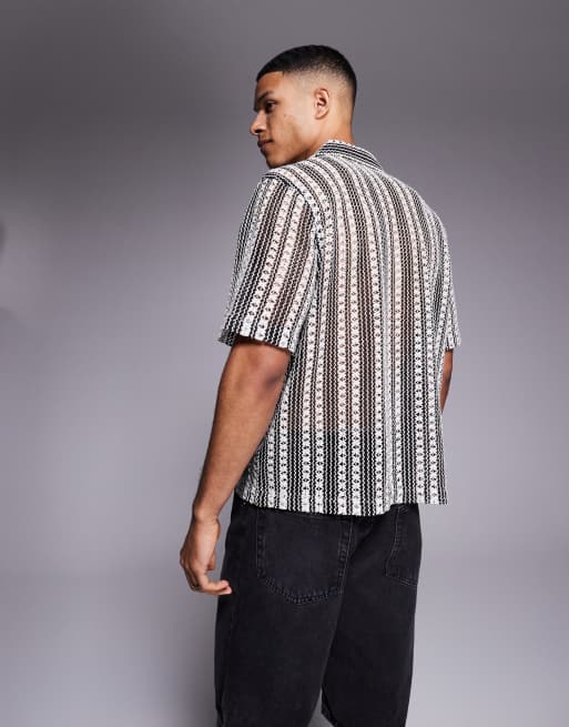 ASOS DESIGN – Gehäkeltes Hemd in Schwarz und Weiß gestreift mit kastigem Schnitt und Reverskragen, 4 von 4