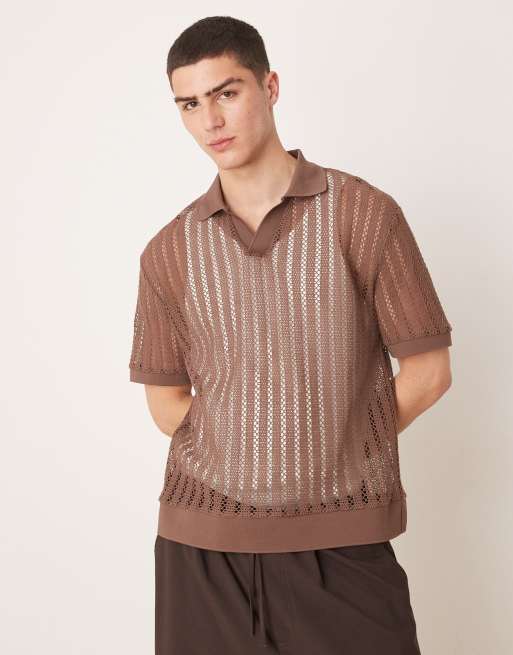 ASOS DESIGN – Gehäkeltes, kastiges Polohemd in Braun mit lockerem Schnitt