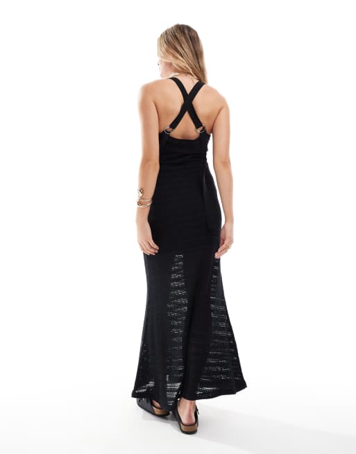 ASOS DESIGN – Gehäkeltes Maxikleid in Schwarz mit überkreuzten Rückenträgern und D-Ring-Details, 2 von 4