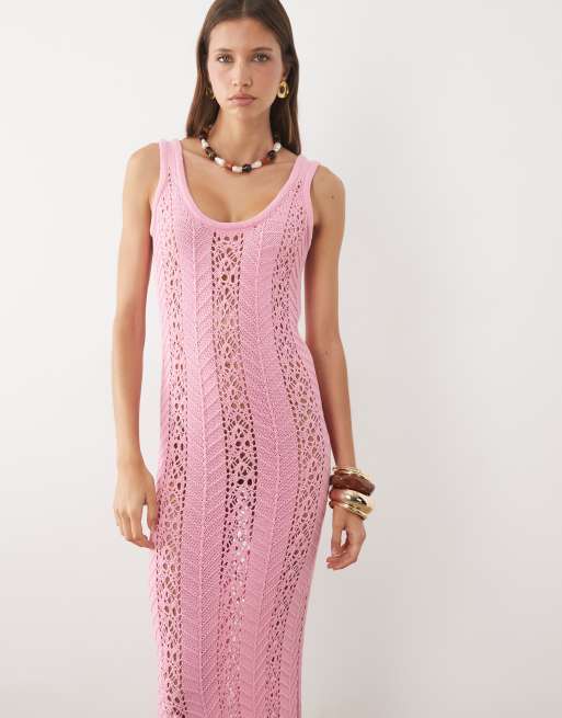 ASOS DESIGN gehäkeltes Maxikleid mit Fransen in Pink, 3 von 4