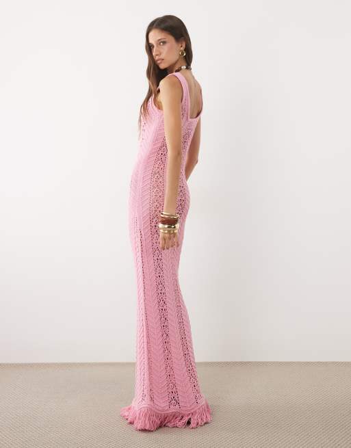 ASOS DESIGN gehäkeltes Maxikleid mit Fransen in Pink, 4 von 4
