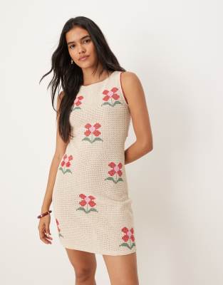 ASOS DESIGN - Gehäkeltes Minikleid in Creme mit Blumenstickerei im Patchwork-Design-Weiß