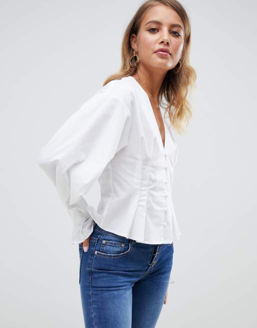 ASOS DESIGN – Geknöpfte, langärmlige Oversized-Bluse aus Baumwolle