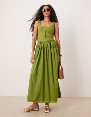 ASOS DESIGN - Geknöpftes Maxikleid in Olivgrün mit U-Ausschnitt, geripptem Oberteil und Popeline-Rock