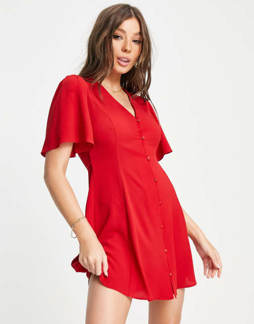 ASOS DESIGN – Geknöpftes Mini-Freizeitkleid in Rot mit Bindeband und Flügelärmeln
