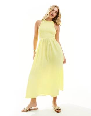 ASOS DESIGN - Gekräuseltes Midi-Sommerkleid in blassem Zitronengelb mit U-Ausschnitt hinten und Ringer-Ausschnitt