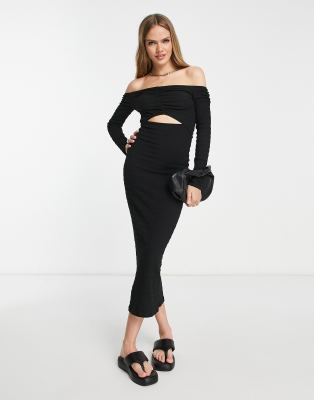 ASOS DESIGN - Gekräuseltes Midikleid in Schwarz mit Carmen-Ausschnitt