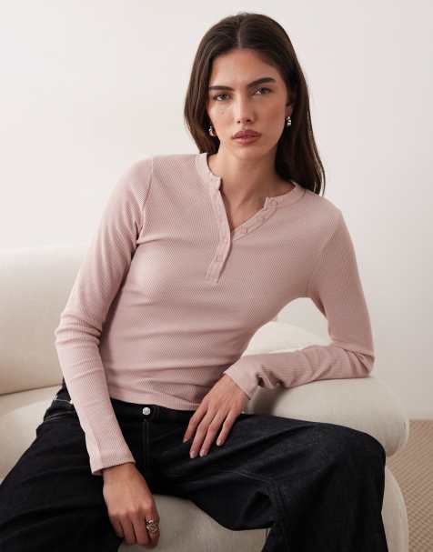 ASOS DESIGN - Gekrompen henley T-shirt met wafelstructuur en lange mouwen in roze - view 1