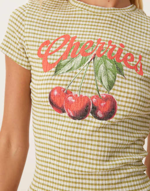 ASOS DESIGN - Gekrompen T-shirt met kersenprint in groen gingham ruit, 2 van 4