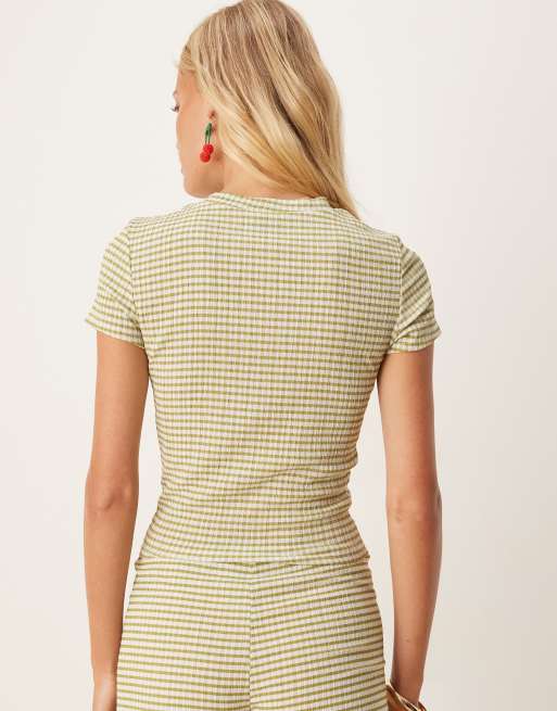 ASOS DESIGN - Gekrompen T-shirt met kersenprint in groen gingham ruit, 3 van 4