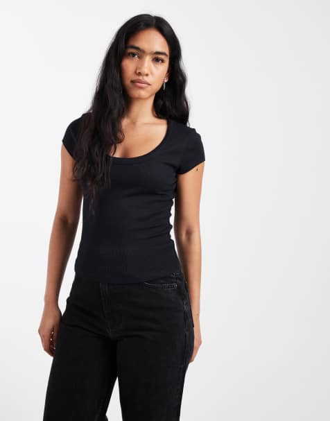 ASOS DESIGN - Gekrompen T-shirt met lage ronde hals in zwart - view 1