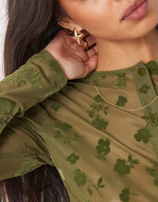 ASOS DESIGN - Gekrompen vestje met flocking in olijfgroen, 3 van 4