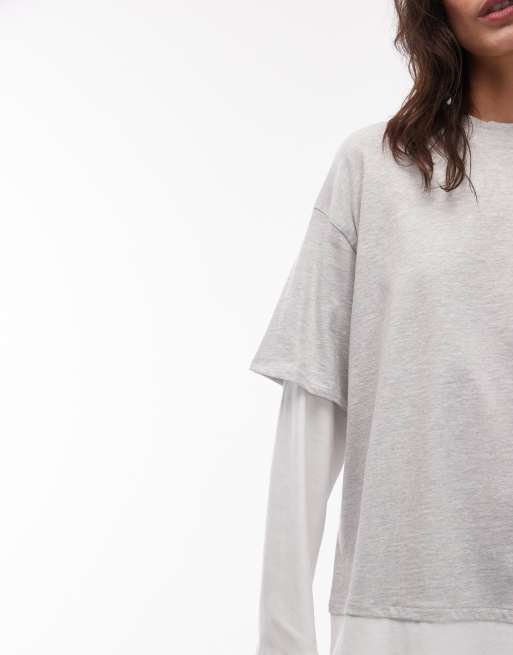 ASOS DESIGN - Gelaagd oversized T-shirt met lange mouwen in wit en gemêleerd grijs, 4 van 4
