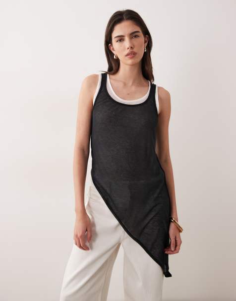 ASOS DESIGN - Gelaagde asymmetrische lange tanktop met gebreide look in zwart en ecru - view 1