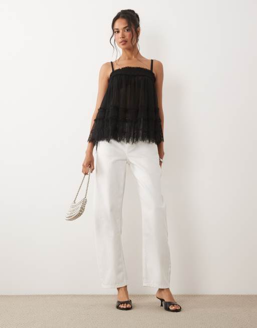 ASOS DESIGN - Gelaagde cami top van dobbystof met ruches in zwart, 2 van 4