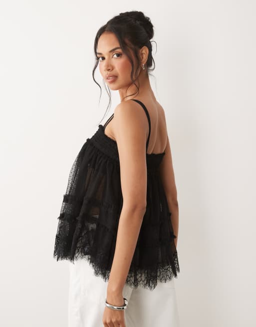 ASOS DESIGN - Gelaagde cami top van dobbystof met ruches in zwart, 3 van 4