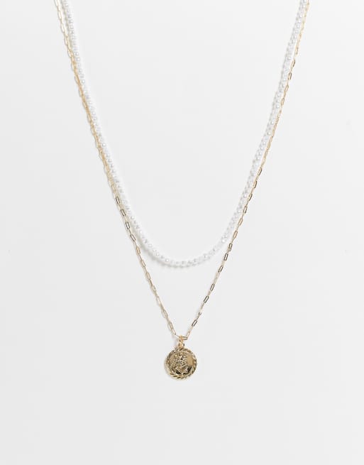 ASOS DESIGN - Gelaagde ketting met kleine imitatieparels en munthanger in goudkleur