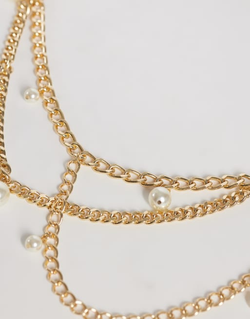 ASOS DESIGN gelaagde kettingriem met parels in goud, 2 van 3
