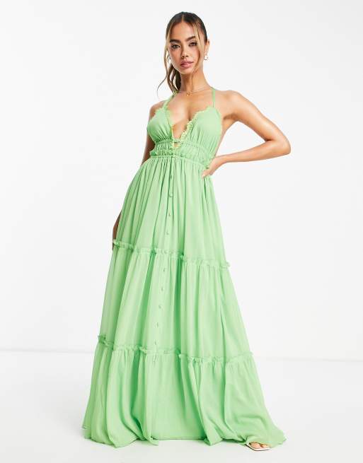 ASOS DESIGN - Gelaagde lange jurk met knoopsluiting en kanten afwerking in groen