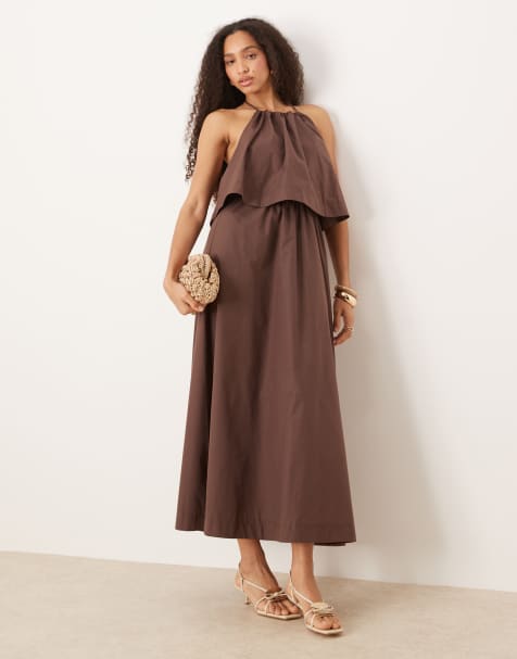 ASOS DESIGN - Gelaagde maxi halterjurk met open achterkant in chocoladebruin - view 1