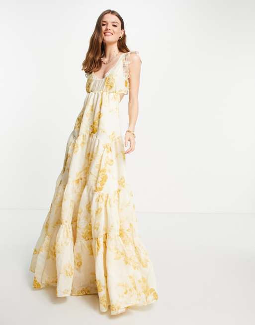 ASOS DESIGN - Gelaagde maxi jurk met contrasterende broderie en bloemenprint