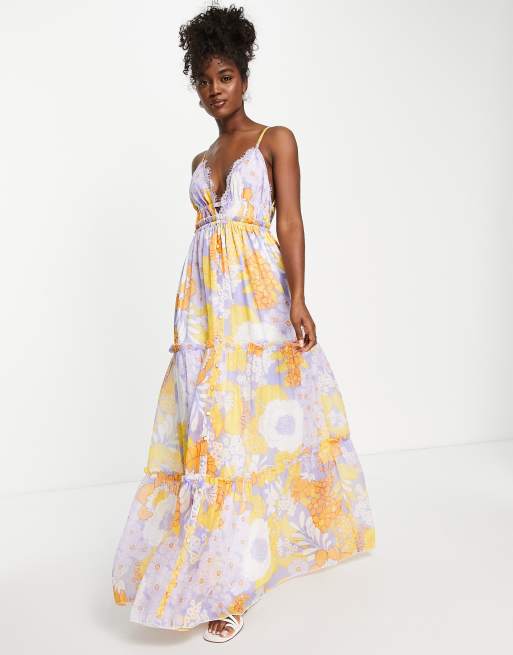 ASOS DESIGN - Gelaagde maxi-jurk met knoopsluiting, kanten afwerking en  bloemenprint | ASOS