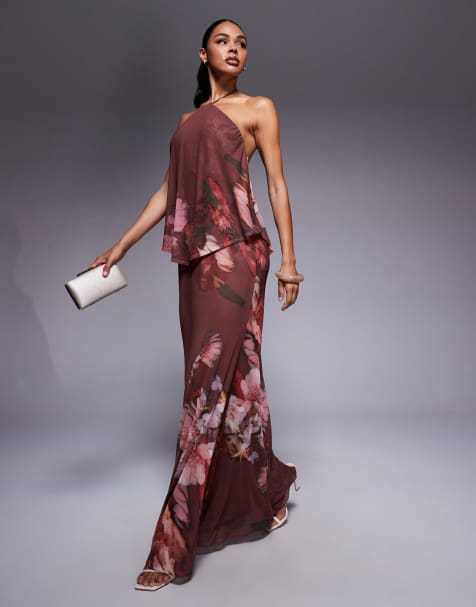 ASOS DESIGN - Gelaagde maxi-jurk van doorschijnend mesh met halternek en bloemenprint - view 1