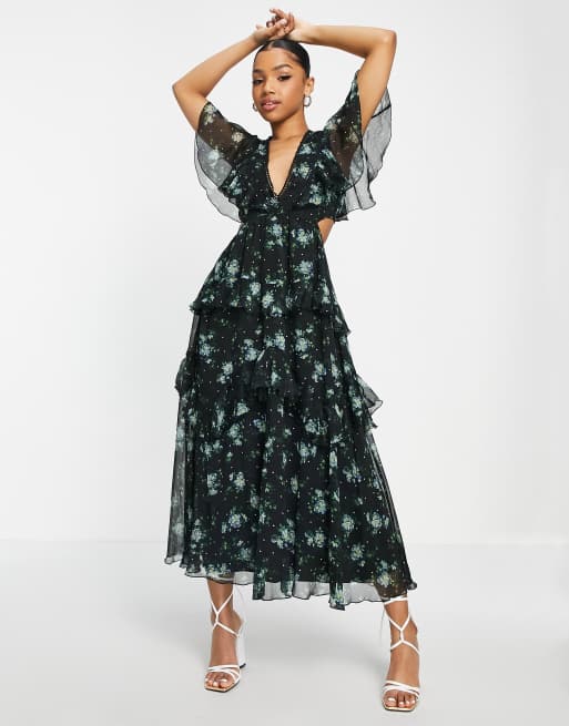 ASOS DESIGN - Gelaagde midi-jurk van dobbystof met kanten inzetstuk en open achterkant in bloemenprint op donkere basis