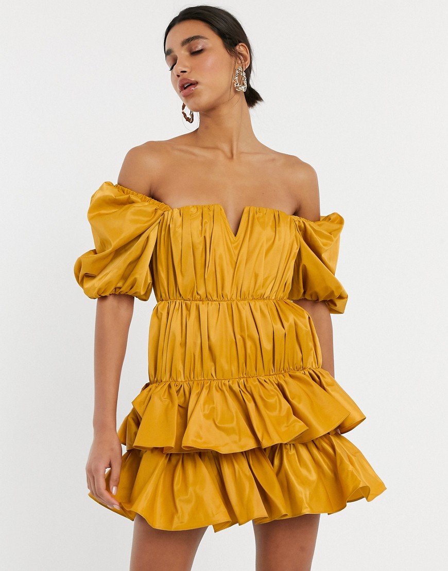 ASOS DESIGN - Gelaagde mini-jurk met blote schouders, structuur en ruches-Geel