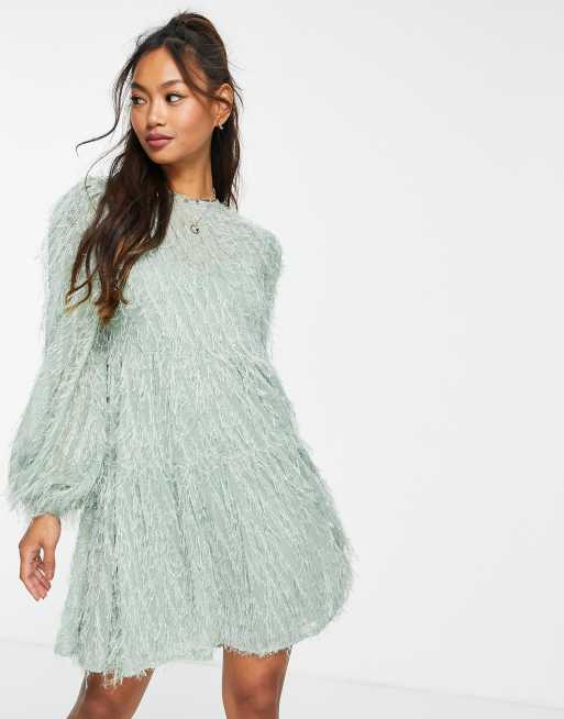 ASOS DESIGN - Gelaagde mini-jurk met pluizige textuur in saliegroen