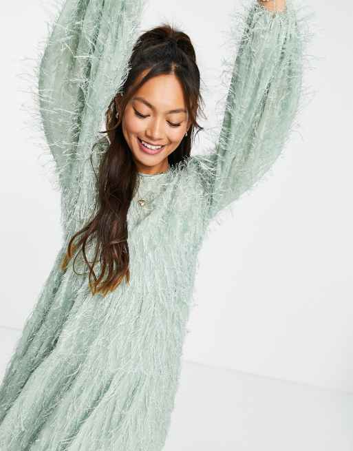 ASOS DESIGN - Gelaagde mini-jurk met pluizige textuur in saliegroen, 2 van 4