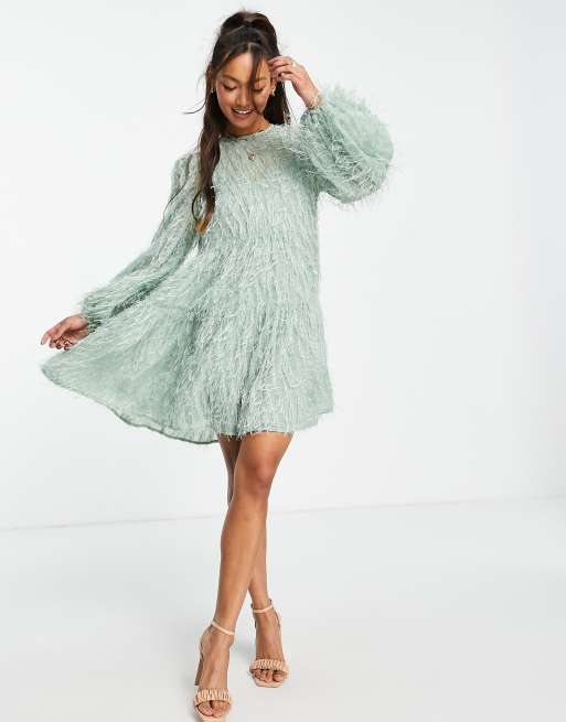 ASOS DESIGN - Gelaagde mini-jurk met pluizige textuur in saliegroen, 4 van 4